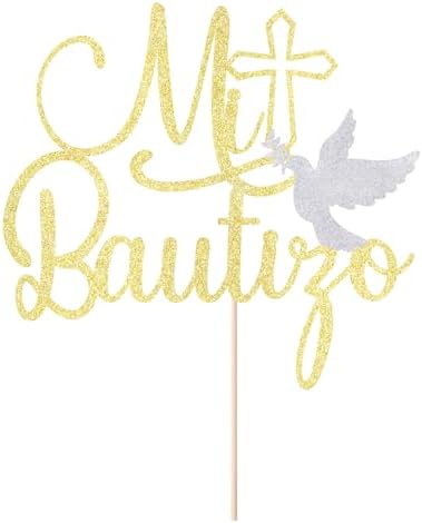 Mi Bautizo Cake Topper Cross First Holy Communion Baptism Cake Pick Religious God Bless Baptism Cake Decoration for Baby Shower Birthday Party Supplies Decorations Gold Glitter