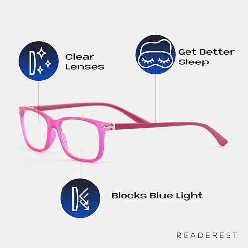 Readerest Blue Light Blocking Glasses – Thin Reflective Lens, Anti-Glare Computer Eyeglasses, UV Protection, Eye Strain Relief (Pink, 2.5 Magnification)