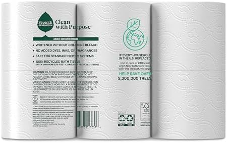 Seventh Generation Toilet Paper Recycled Bath Tissue 4-Pack 100% Recycled Paper 2-ply without Chlorine Bleach 12 Rolls