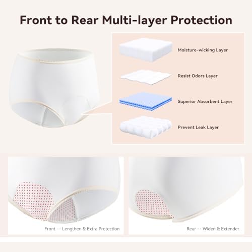 Carer Incontinence Underwear for Women 3 Pack Women’s Incontinence Briefs Washable Reusable Leak Proof Underwear for Women Incontinence Panties Leak Protection (White, Medium)