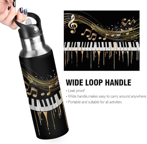 Music Theme Water Bottle Vacuum Insulated Stainless Steel Piano Keyboard Music Notes Mug Kids Water Bottle with Straw and Handle Keep Hot Cold Sport Bike Fit Travel Outdoor 20 oz