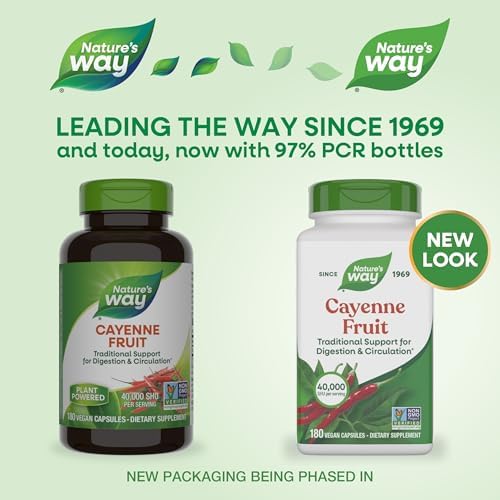 Nature's Way Cayenne Pepper Capsules, Traditional Digestion & Circulation Support*, Capsaicin, Non-GMO Project Verified, Gluten Free, 180 Vegan Capsules (Packaging May Vary)