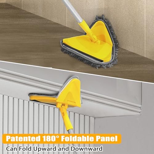 JEHONN Wall Mop with Long Handle 80 Inches, Upgraded 180° Collapsible Baseboard Cleaner Tool with Squeegee, Ceiling Duster with 3 Microfiber and 3 Chenille Pads for Cleaning Window, Cabinet (Yellow)