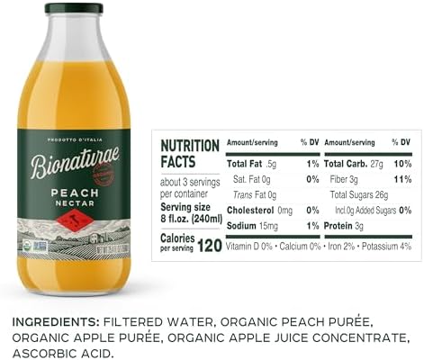 Bionaturae Organic Peach Nectar - Peach Juice, Peach Nectar Juice, Non-GMO, USDA Certified, No Sugar Added, No Preservatives, Organic Peach Nectar, Made In Italy - 25.4 Oz