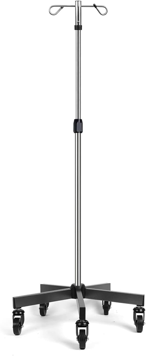 IV Poles with Wheels IV Stands 2 Hooks 5 Legs Rolling Base with Heavy Duty Stainless Steel, Adjustable Height