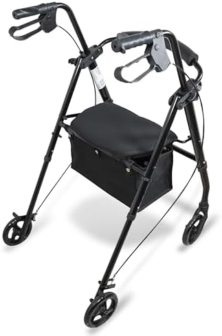Aidapt Folding Walking Rollator with Seat and Backrest, Lightweight Mobility Walker for Seniors, 4-Wheel Walking Frame with Storage Bag, Adjustable Height, Compact Design for Travel and Home Use