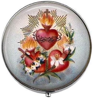 Three Sacred Hearts with Flowers - Art Photo Pill Box - Charm Pill Box - Glass Candy Box, 40, Silver
