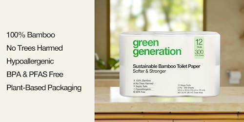 Green Generation Bamboo Toilet Paper -12 Roll, 3-Ply, 300 Sheets/Roll - Non Toxic Toilet Paper Organic Septic Safe - BPA Free Sustainable, Soft, FSC Certified - Home, Boat & RV Use