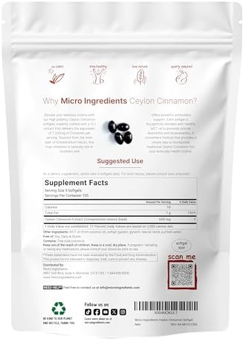 Micro Ingredients Ceylon Cinnamon | 300 Softgels with MCT Oil | Highly Bioavailable Herbal Extract | Extra Strength Cinnamon Supplements | Antioxidant & Sugar Monitor Support | Non-GMO, Gluten Free