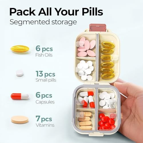7 Compartments Travel Pill Organizer, Foldable Portable Airtight Daily Pill Box, Compact Pill Case for Purse & Pocket, BPA-Free Medicine Organizer for Vitamins Fish Oil Supplements (White)