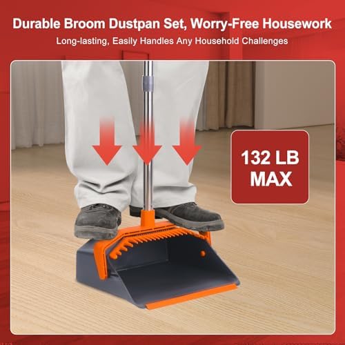 Broom and Dustpan Set with 51'' Long Handle, Upright Broom and Dustpan Combo for Home Kitchen Office Restaurant Garage Lobby Dog Cat Pets Hair - Grey and Orange