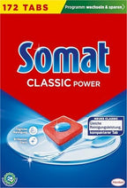 Somat Classic Power Dishwasher Tabs (172 Tabs), Dish Rinse Tabs with Grease Dissolving Power for Powerful Cleaning, Rinse Tablets for Radiantly Clean Dishes, Even at Low Temperatures