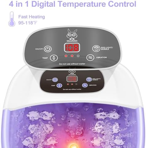 Foot Spa Bath Massager with Heat Bubbles and Vibration Massage and Jets, 16 OZ Calming Lavender Foot Soak Epsom Salt, MoodRelish Foot Soaker With Red Light, 22 Massage Rollers, Adjustable Temp -Purple