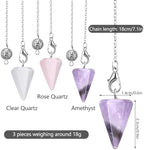 3 Pcs Crystal Pendulums Set for Divination Dowsing, Natural Amethyst Rose Quartz Clear Quartz Hexagonal Divination Tools Healing Crystal Hexagonal Pointed Cone Spiritual Gemstone Pendant Witchc