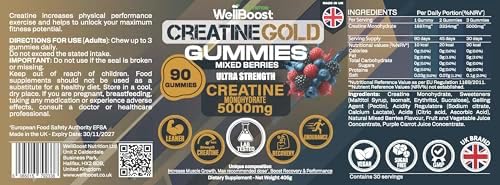 Creatine Gold – 5000mg Creatine Monohydrate, Vegan, Sugar-Free Gummies for Lean Muscle Growth, Endurance, Recovery & Energy (1 Month Supply) with Mixed Berry Flavour.