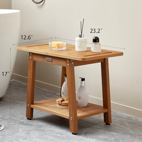 HDPS Shower Bench Seat for Inside Shower, Large Shower Stool for Shaving Legs, Shower Chair for Inside Shower to Sit On, Bath Shower Seat With Storage Shelf, Shower Foot Stool, Non-Slip, Brown