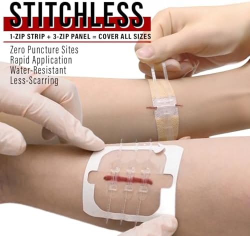 EVERLIT Wound Closure Kit | Surgical Zip-Stitch Devices for Cut & Laceration | Sterile, Suture-Free, Stitch-Less Adhesive Butterfly Bandages for Emergency First Aid Wound Care (6 Zip Complete Kit)