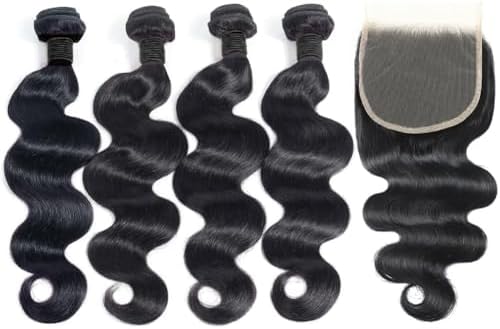 12A Human Hair Bundles with Closure 18 20 22 24+16 Inch Brazilian Body Wave 4 Bundles Human Hair with 5x5 HD Lace Closure Unprocessed Virgin Human Hair Natural Black