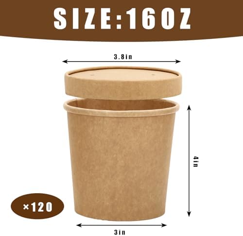 JarThenaAMCS 120 Pack 16 Oz Kraft Paper Soup Containers With Lids Disposable Ice Cream Pint Cups Microwavable Serving Bowls For Home Restaurant Kitchen Food Storage