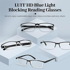 LUFF Reading Glasses 4 Pack, TR90 Lightweight Blue Light Blocking Readers with Spring Hinges, Computer Reading for Men Women