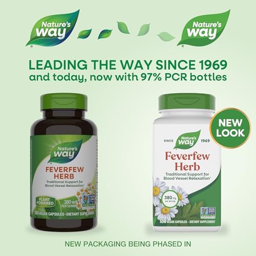 Nature's Way Feverfew Herb, Traditional Support for Blood Vessel Relaxation*, 380 mg per Serving, Non-GMO Project Verified, 180 Vegan Feverfew Capsules (Packaging May Vary)
