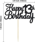 Gyufise 1 Pack Happy 13th Birthday Cake Topper Black Glitter Happy Birthday Cake Topper Happy 13 Birthday Cake Decoration for 13th Wedding Anniversary Party Decorations