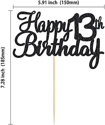 Gyufise 1 Pack Happy 13th Birthday Cake Topper Black Glitter Happy Birthday Cake Topper Happy 13 Birthday Cake Decoration for 13th Wedding Anniversary Party Decorations