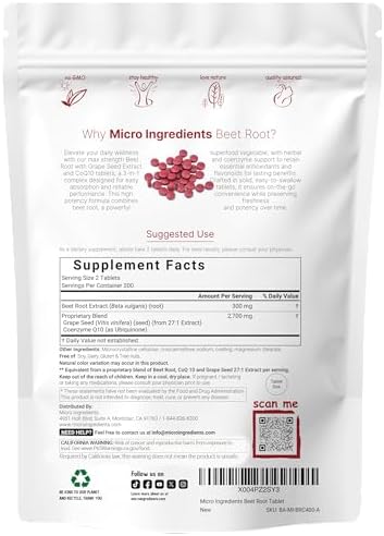 Micro Ingredients Beet Root 3,000mg with Grape Seed Extract & CoQ10, 400 Tablets | 200 Servings | Super Beets Supplements from Fresh Beetroot Extract