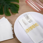 100 Pack White and Gold Napkins Disposable Linen Feel Dinner Napkins with Built-in Flatware Pocket Gold Trim Lined Pre Folded Napkins Cloth for Wedding Dinner Party Events