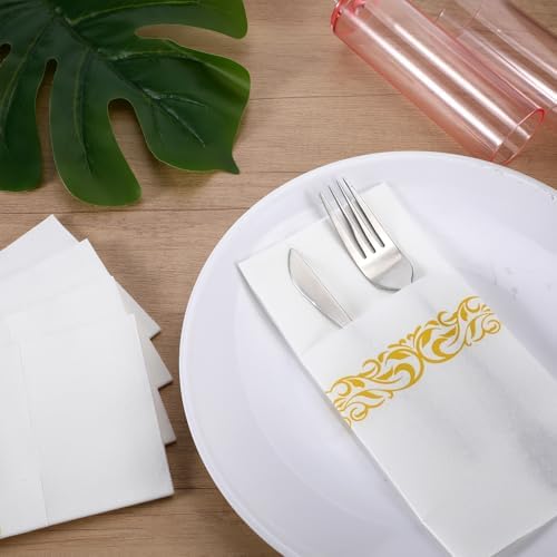 100 Pack White and Gold Napkins Disposable Linen Feel Dinner Napkins with Built-in Flatware Pocket Gold Trim Lined Pre Folded Napkins Cloth for Wedding Dinner Party Events