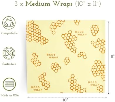 Bee's Wrap Beeswax Wraps for Food - 3 Pack of Medium Beeswax Wraps - Plastic Free Made in USA Reusable Natural Food Wrap - Honeycomb Print