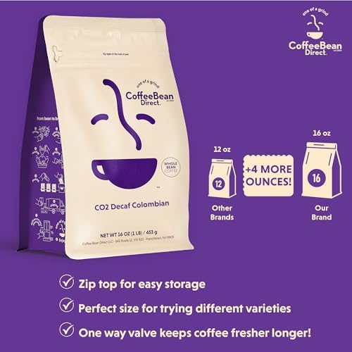 Coffee Bean Direct CO2 Decaf Colombian, Whole Bean Coffee, Arabica Coffee, Light Roast, 1 Pound Bag (Pack of 1)