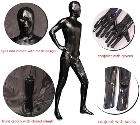Men's Wetlook Stretchy Zipper Crotch Bodysuit Full Body Catsuit Attached Hood and Gloves