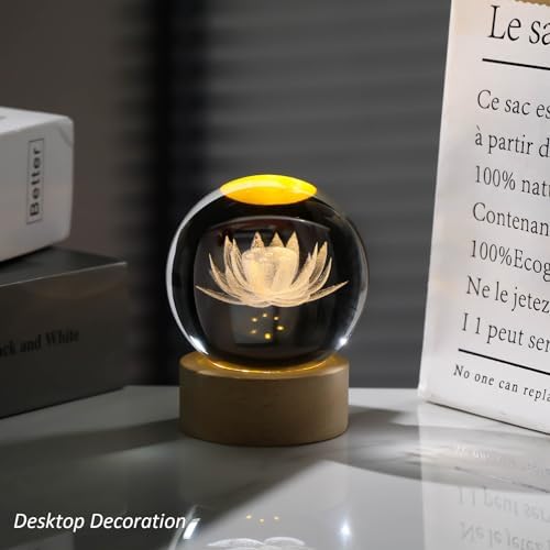 Arikyrist 3D Engraving Lotus Flower Figurine Crystal Ball with Wooden Light Base, Glass Lotus Flower Lamp Gifts for Women Decorative Glass Ball Paperweight