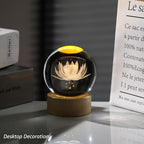 Arikyrist 3D Engraving Lotus Flower Figurine Crystal Ball with Wooden Light Base, Glass Lotus Flower Lamp Gifts for Women Decorative Glass Ball Paperweight