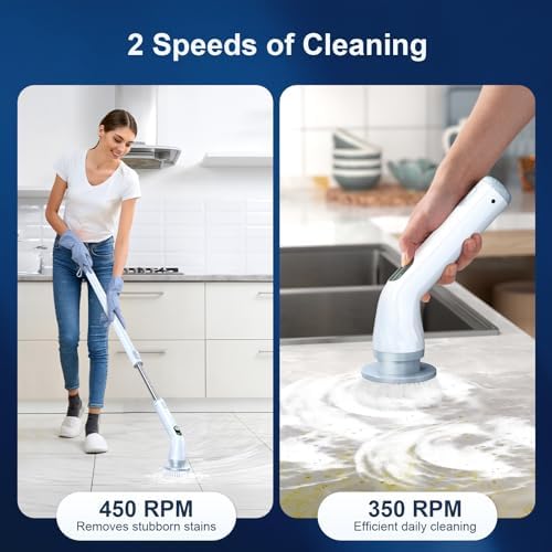 LABIGO Electric Spin Scrubber LA4 Pro, Dual Speed Bathroom Scrubber with Display & 6 Replacement Cleaning Heads, Cordless Power Scrubber with Adjustable & Detachable Handle for Bathroom Floor Tile