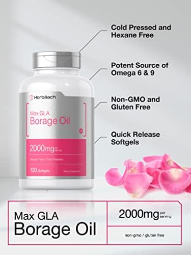 Horbäach Borage Oil Capsules 2000 mg | 120 Softgels | 320mg of GLA | Cold Pressed Seed Oil Supplement