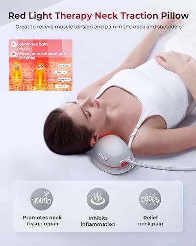 Heated Neck Stretcher with Red Light Therapy, Wireless Cervical Traction Device for TMJ Pain Relief and Shoulder Relaxer, Neck Traction Massager Pillow for Home/Office Used, Grey
