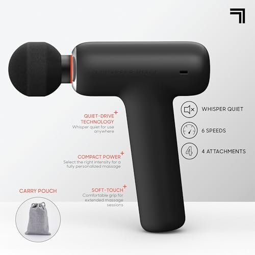Sharper Image PowerBoost Core Mini Massage Gun| Portable Deep Tissue Percussion Massager with 6 Speeds| 4 Attachments| Quiet Motor| Cordless Muscle Recovery Tool with Carry Pouch