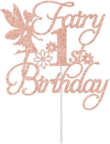 Fairy 1st Birthday Cake Topper, Fairy First Birthday Decorations, Girls 1st Bday Cake Decor, Floral Fairy Baby Shower Bday Party Decorations, Rose Gold Glitter