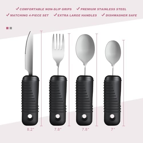 Adaptive Utensils,Easy Grip Silverware,Built Up Bendable Fork,Teaspoon,Tablespoon and Knife for Elderly,Hand Tremors,Arthritis and Parkinson's Patients,4 Piece Set