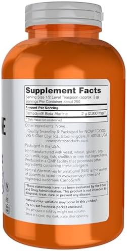 NOW Foods Sports Nutrition, Beta-Alanine Pure Powder 2,000 mg, Muscular Endurance*, 500 Grams