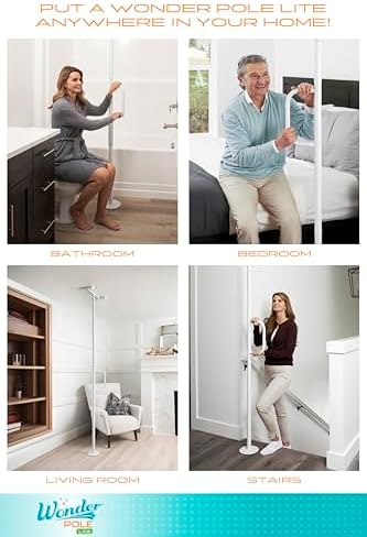 Stander Wonder Pole Lite, Adjustable Floor to Ceiling Safety Grab Bar with Security Support Handle for Fall Prevention, Tension Mounted Transfer-Pole for Adults, Seniors, and Elderly, White