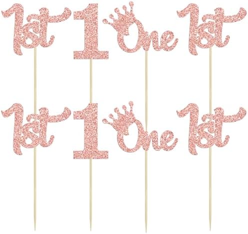 24Pcs One Cupcake Toppers Glitter 1st Birthday Cupcake Picks for Baby Shower First Birthday Party Cake Decorations Supplies Rose Gold