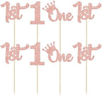 24Pcs One Cupcake Toppers Glitter 1st Birthday Cupcake Picks for Baby Shower First Birthday Party Cake Decorations Supplies Rose Gold