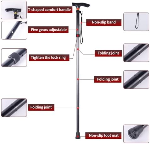 Walking Cane, Folding Cane for Men, Women, and The Elderly, 5-Level Adjustable Height, Travel Cane ，Folding Lightweight Walking Stick，Anti-Slip, Portabl