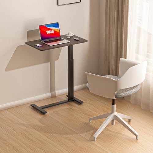 Ywin Overbed Bedside Table with Wheels, Medical Adjustable Hospital Bed Table with Pneumatic Lift for Home Use, Black Walnut Wood Look Tray Desk for Couch and Bed (Black Walnut)
