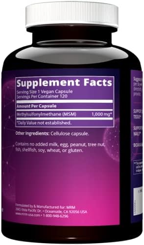MRM Nutrition MSM 1000mg | Pure Methyl-sulfonyl-methane Capsules | Joint, Hair, Skin & Nail Support | Bioavailable Sulfur Supplement | Vegan + Gluten-Free | 120 Servings