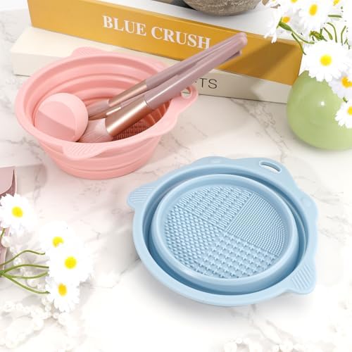 Makeup Brush Cleaner Bowl 2 Pcs Silicone Makeup Brush Cleaner Mat Foldable Makeups Brushes Cleaners Pad Portable Clean Tool for Travel Home Clean Brushes Powder Puff Beauty Blender Sponge, Pink, Blue