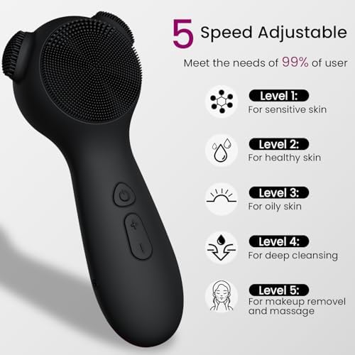 Silicone Face Scrubber Exfoliator Electric for Men Women, Rechargeable Facial Cleansing Brush with Wireless Charging Dock, Waterproof Sonic Vibrating Face Scrub Brush Cleanser for Exfoliating, Black
